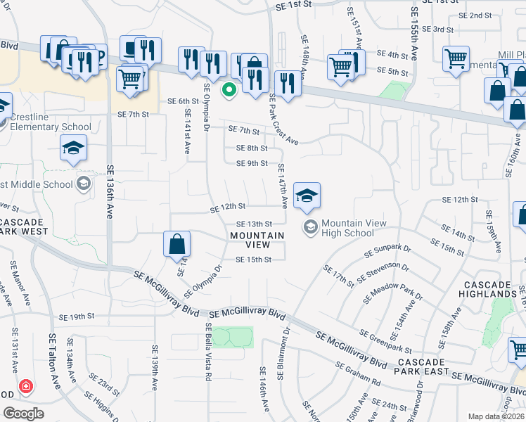 map of restaurants, bars, coffee shops, grocery stores, and more near 14517 Southeast 12th Street in Vancouver