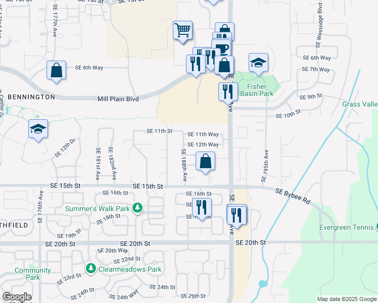map of restaurants, bars, coffee shops, grocery stores, and more near 18808 Southeast 13th Street in Vancouver