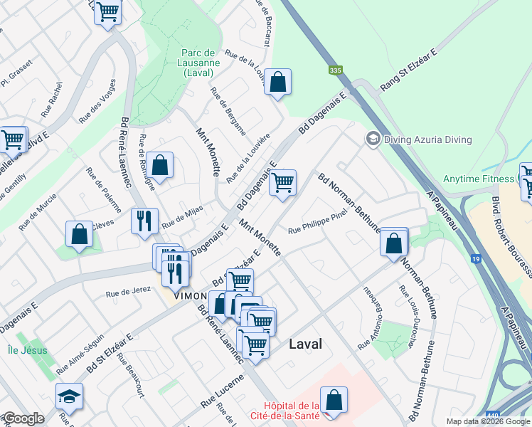 map of restaurants, bars, coffee shops, grocery stores, and more near 416 Rue de Francfort in Laval