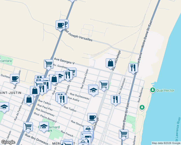 map of restaurants, bars, coffee shops, grocery stores, and more near 2801 Avenue Gonthier in Montréal
