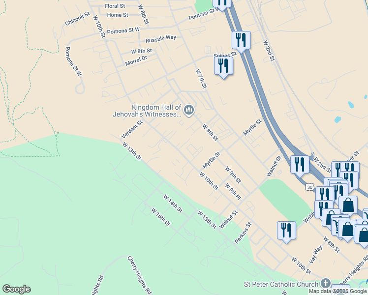 map of restaurants, bars, coffee shops, grocery stores, and more near 2415 West 10th Street in The Dalles