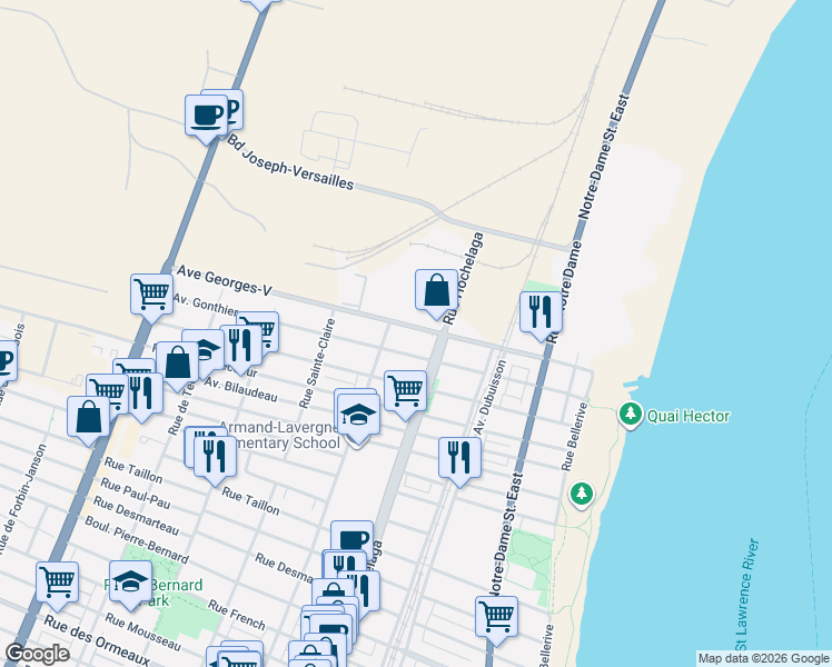 map of restaurants, bars, coffee shops, grocery stores, and more near 2550 Avenue Georges-V in Montréal-Est