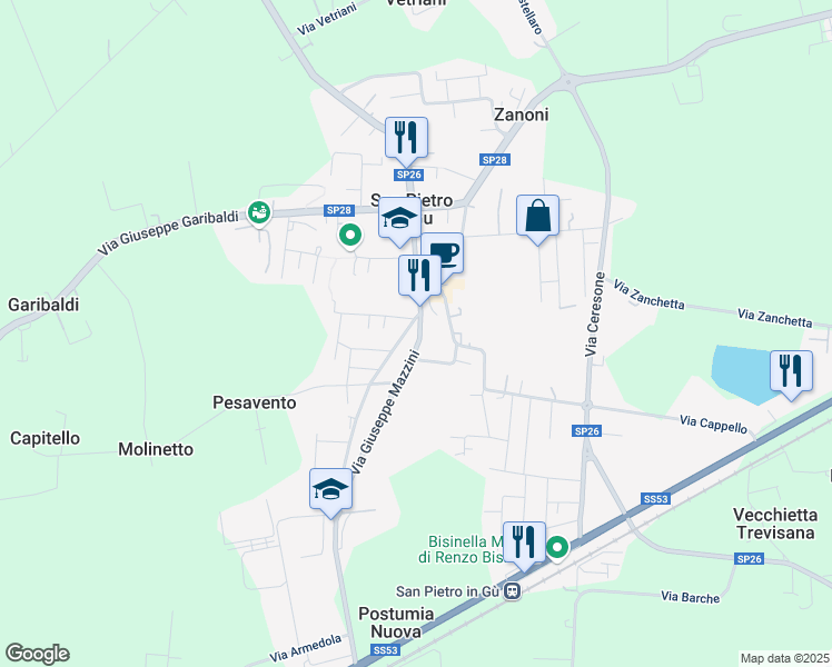 map of restaurants, bars, coffee shops, grocery stores, and more near 12 Via Giuseppe Mazzini in San Pietro In Gu