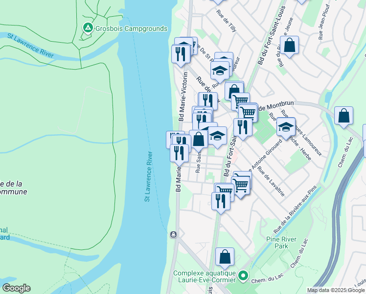 map of restaurants, bars, coffee shops, grocery stores, and more near in Boucherville