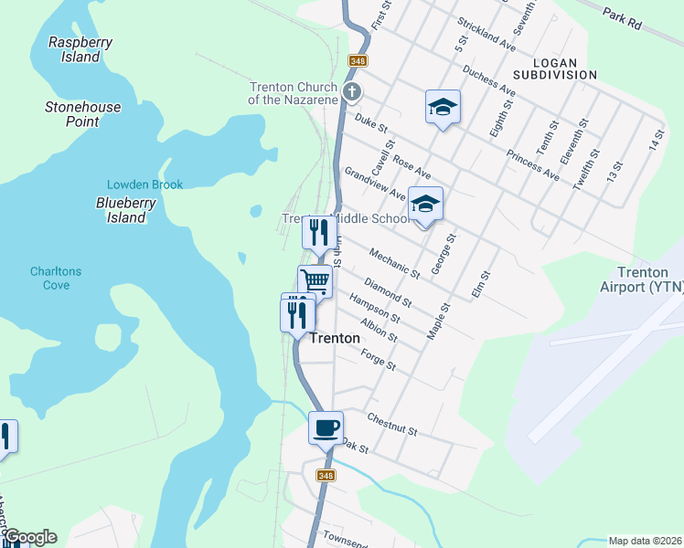 map of restaurants, bars, coffee shops, grocery stores, and more near 90 High Street in Trenton