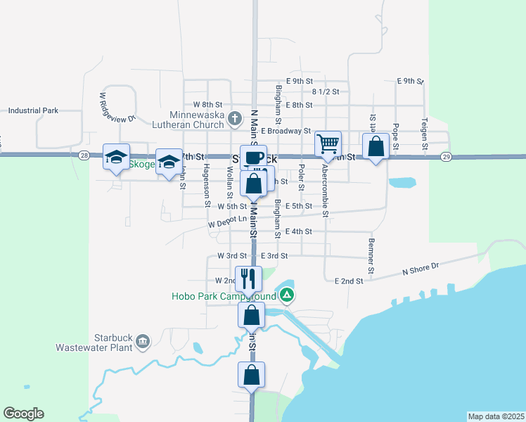 map of restaurants, bars, coffee shops, grocery stores, and more near 103 East 5th Street in Starbuck