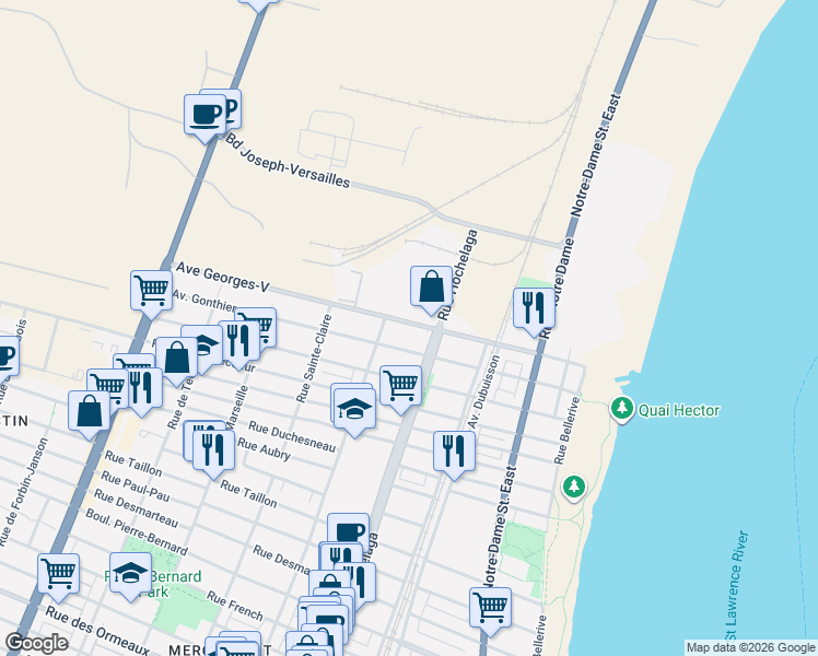 map of restaurants, bars, coffee shops, grocery stores, and more near 2550 Avenue Georges-V in Montréal-Est