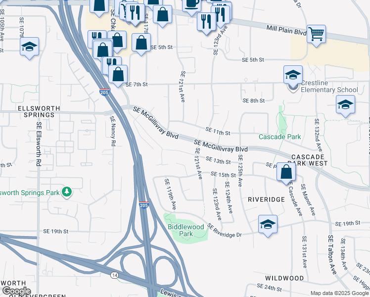 map of restaurants, bars, coffee shops, grocery stores, and more near 12010 Southeast 13th Street in Vancouver