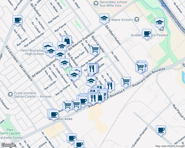 map of restaurants, bars, coffee shops, grocery stores, and more near 6358 Rue de Normandie in Montréal