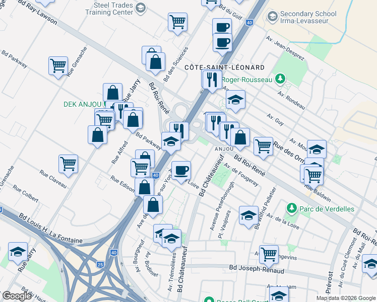 map of restaurants, bars, coffee shops, grocery stores, and more near 7838 Avenue Pigeon in Montréal