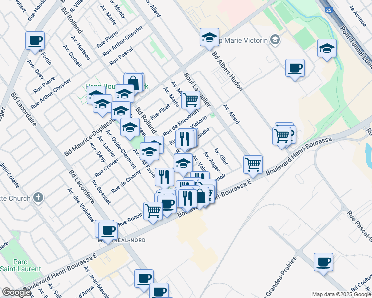 map of restaurants, bars, coffee shops, grocery stores, and more near in Montreal