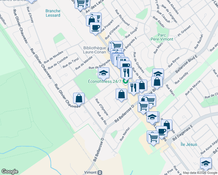 map of restaurants, bars, coffee shops, grocery stores, and more near 66 Rue Olivier-Chauveau in Laval