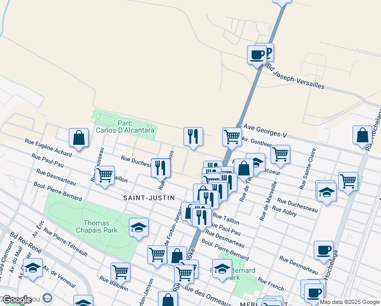 map of restaurants, bars, coffee shops, grocery stores, and more near 4800 Rue de Contrecoeur in Montréal