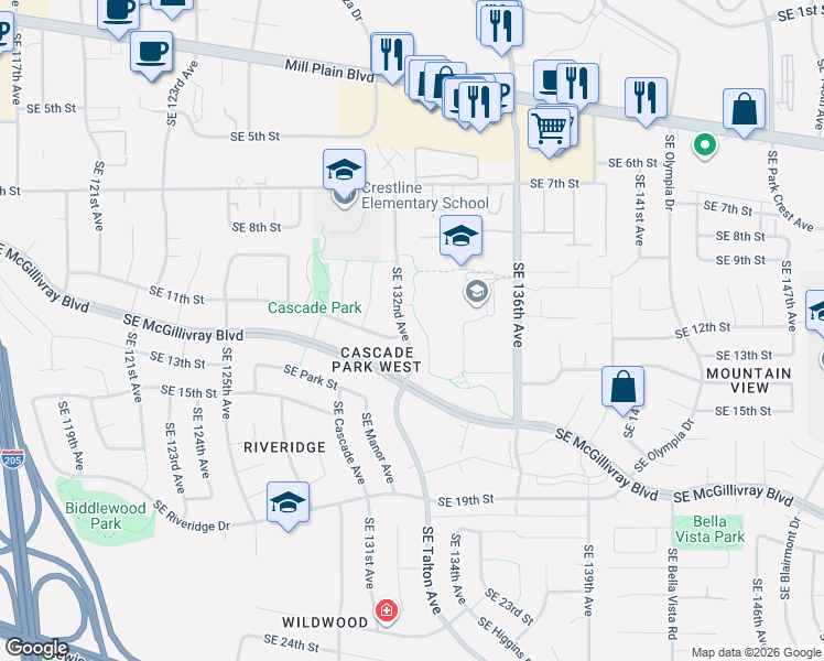 map of restaurants, bars, coffee shops, grocery stores, and more near 1217 Southeast 132nd Avenue in Vancouver