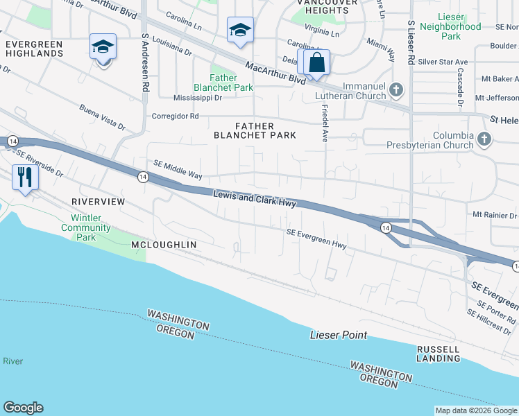 map of restaurants, bars, coffee shops, grocery stores, and more near 1115 Southeast Morgan Road in Vancouver