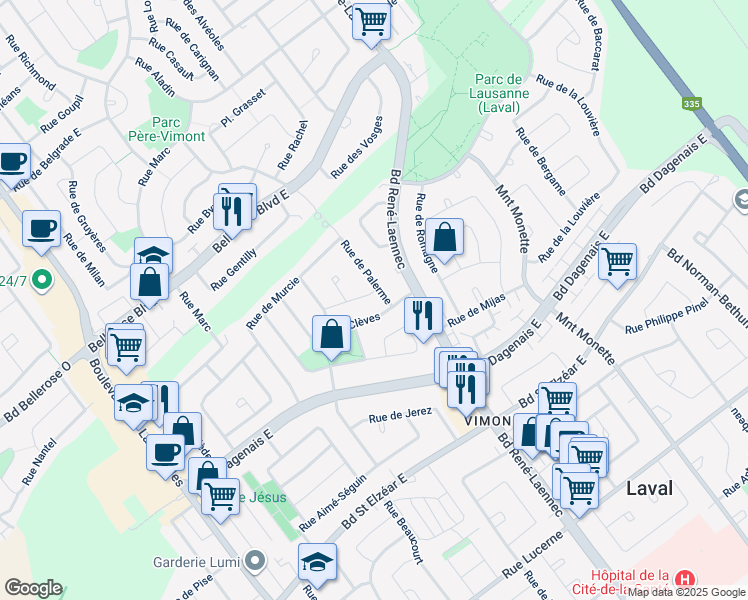 map of restaurants, bars, coffee shops, grocery stores, and more near 276 Rue de Malaga in Laval