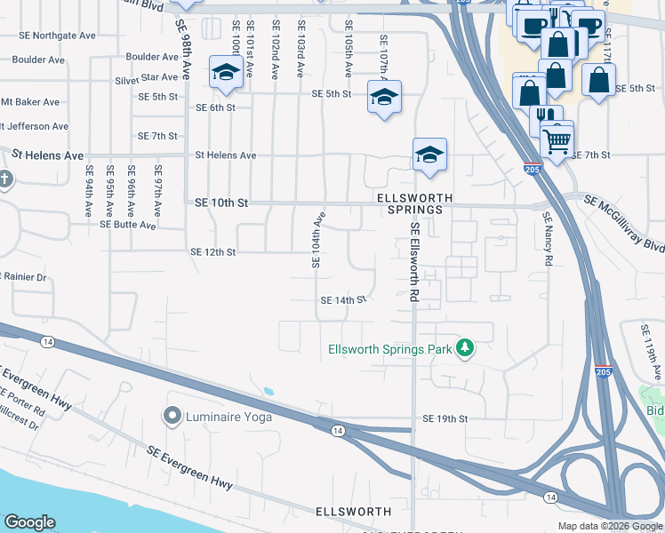 map of restaurants, bars, coffee shops, grocery stores, and more near 10410 Southeast 13th Circle in Vancouver