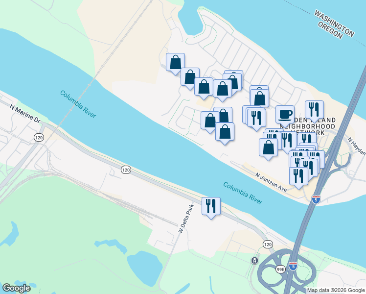 map of restaurants, bars, coffee shops, grocery stores, and more near 12200 N South Shore Ave in Portland