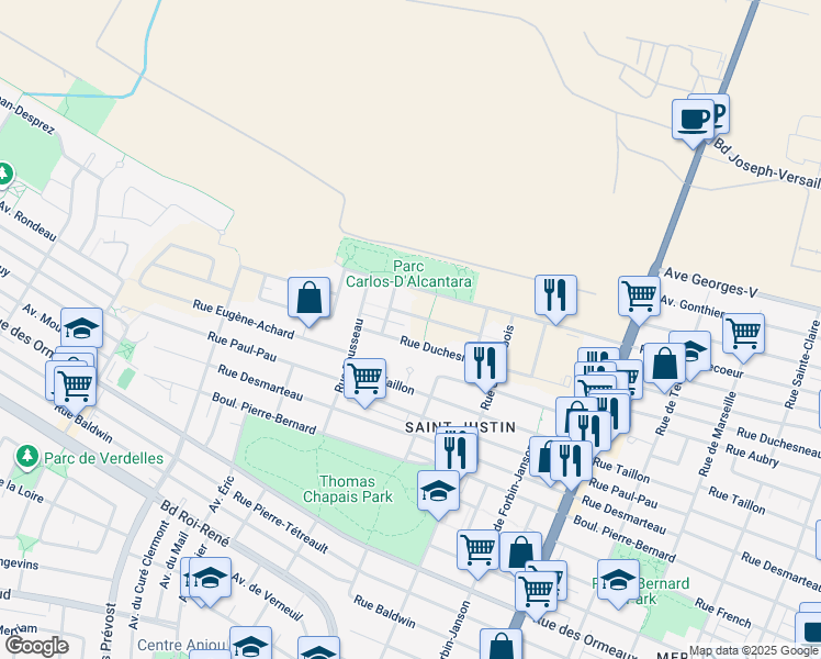 map of restaurants, bars, coffee shops, grocery stores, and more near 5388 Rue Gabrièle-Frascadore in Montréal