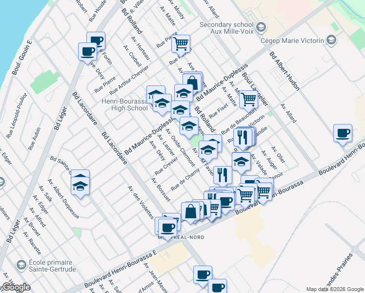 map of restaurants, bars, coffee shops, grocery stores, and more near 11723 Avenue Ovide-Clermont in Montréal