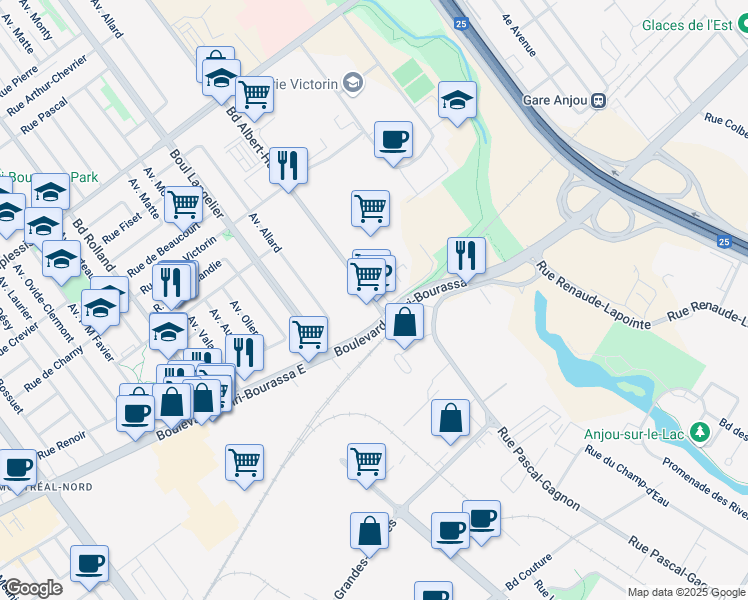 map of restaurants, bars, coffee shops, grocery stores, and more near 11281 Boulevard Albert Hudon in Montreal