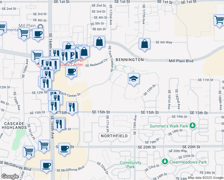 map of restaurants, bars, coffee shops, grocery stores, and more near 1340 Southeast Cardinal Court in Vancouver