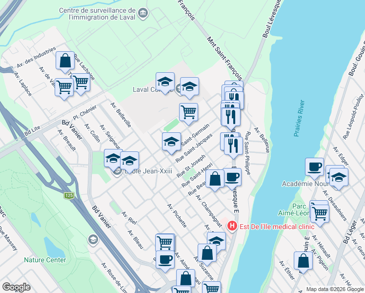 map of restaurants, bars, coffee shops, grocery stores, and more near 4908 Rue Saint-Germain in Laval