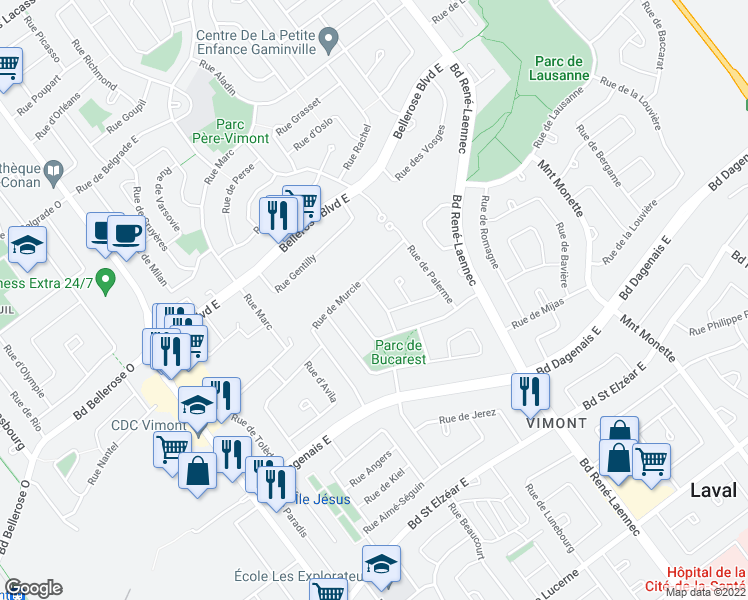 map of restaurants, bars, coffee shops, grocery stores, and more near 2072 Rue de Zurich in Laval