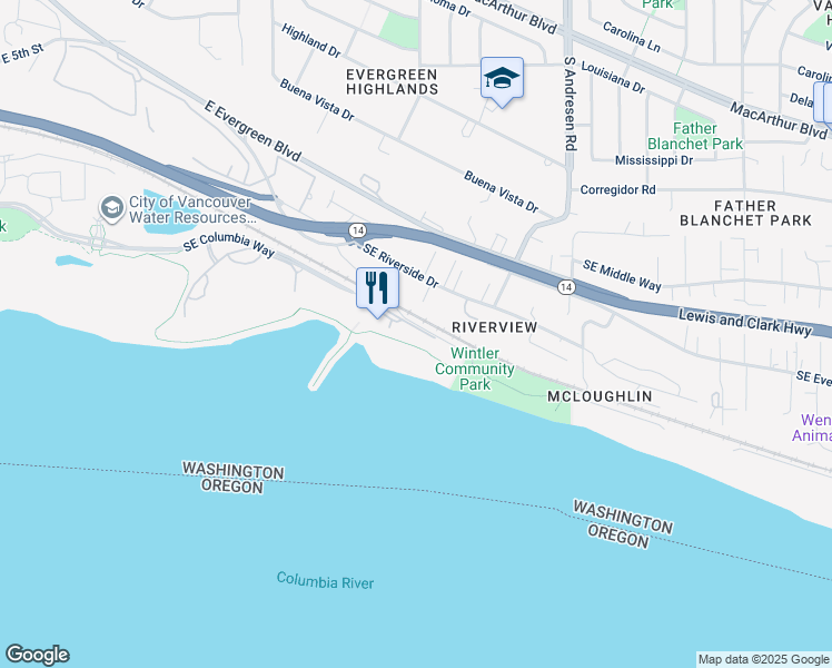 map of restaurants, bars, coffee shops, grocery stores, and more near 5927 Southeast Columbia Way in Vancouver