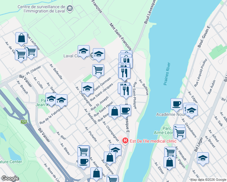map of restaurants, bars, coffee shops, grocery stores, and more near 5181 Rue Saint Joseph in Laval