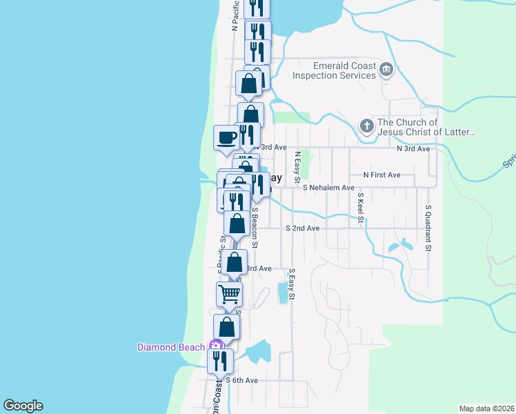 map of restaurants, bars, coffee shops, grocery stores, and more near 146 South Beacon Street in Rockaway Beach