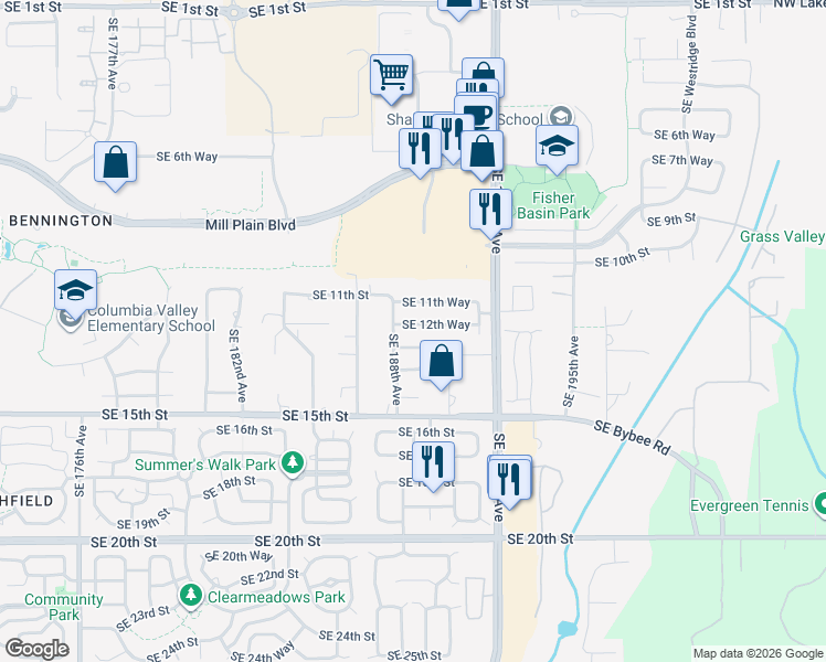 map of restaurants, bars, coffee shops, grocery stores, and more near 18808 Southeast 13th Street in Vancouver