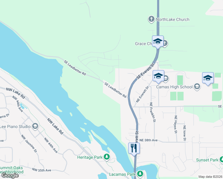 map of restaurants, bars, coffee shops, grocery stores, and more near 100 Northeast Leadbetter Road in Camas