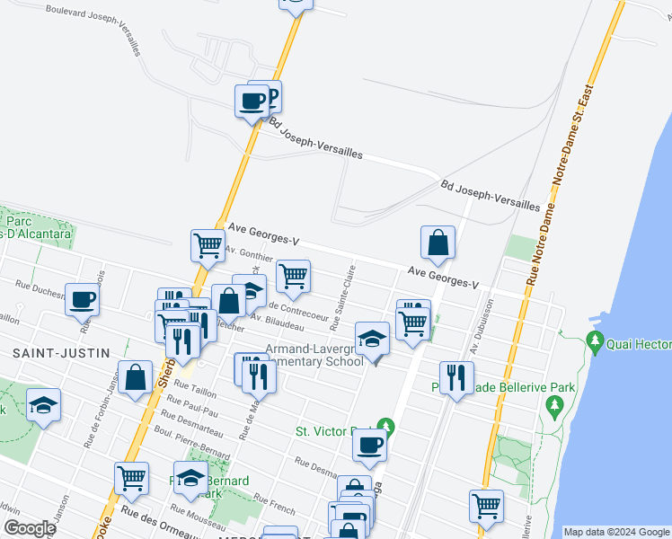 map of restaurants, bars, coffee shops, grocery stores, and more near 2881 Avenue Gonthier in Montréal