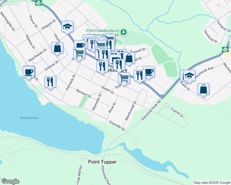 map of restaurants, bars, coffee shops, grocery stores, and more near 704 Queen Street in Port Hawkesbury