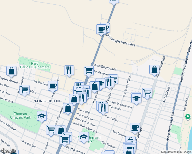 map of restaurants, bars, coffee shops, grocery stores, and more near Avenue Hector in Montréal