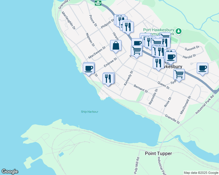 map of restaurants, bars, coffee shops, grocery stores, and more near 510 Granville Street in Port Hawkesbury