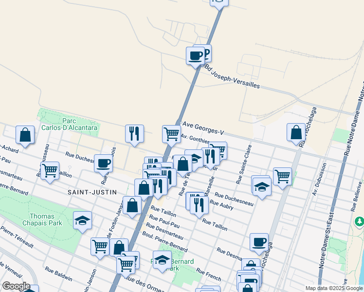 map of restaurants, bars, coffee shops, grocery stores, and more near 3225 Avenue Hector in Montréal