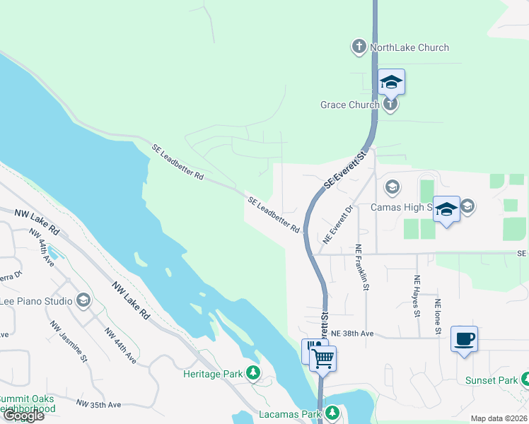 map of restaurants, bars, coffee shops, grocery stores, and more near 100 Northeast Leadbetter Road in Camas