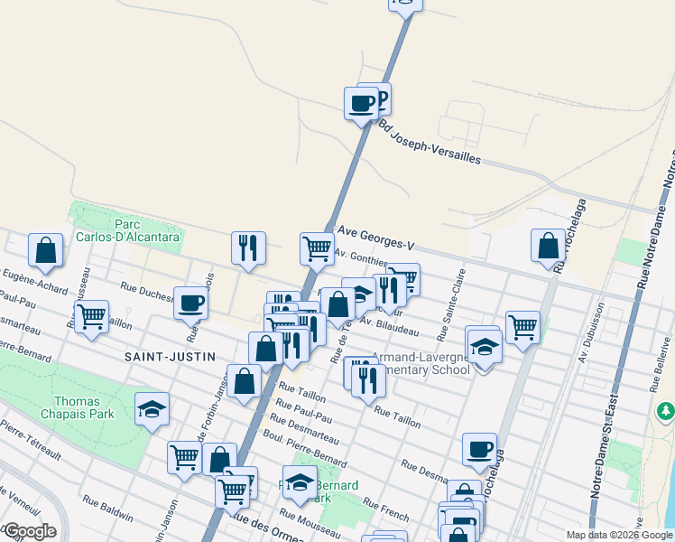 map of restaurants, bars, coffee shops, grocery stores, and more near 3225 Avenue Hector in Montreal