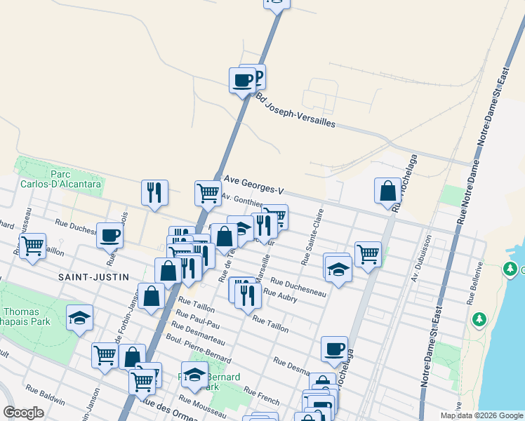 map of restaurants, bars, coffee shops, grocery stores, and more near 3096 Avenue Gonthier in Montréal