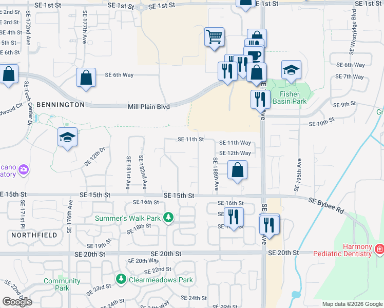 map of restaurants, bars, coffee shops, grocery stores, and more near 1305 Southeast Single Tree Drive in Vancouver