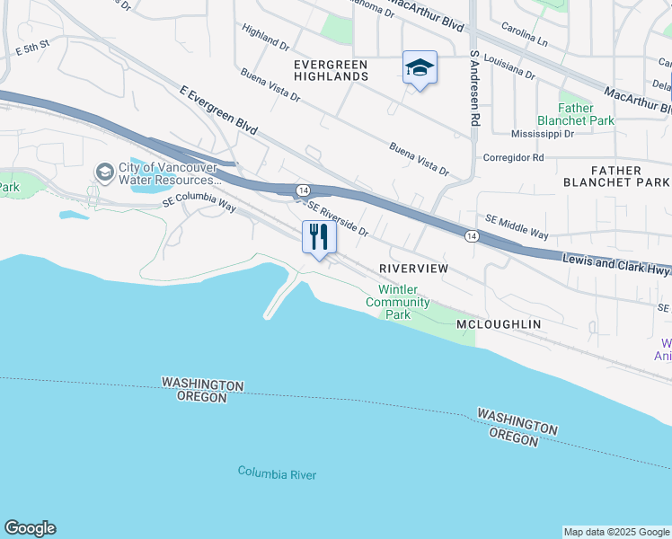 map of restaurants, bars, coffee shops, grocery stores, and more near 5927 Southeast Columbia Way in Vancouver