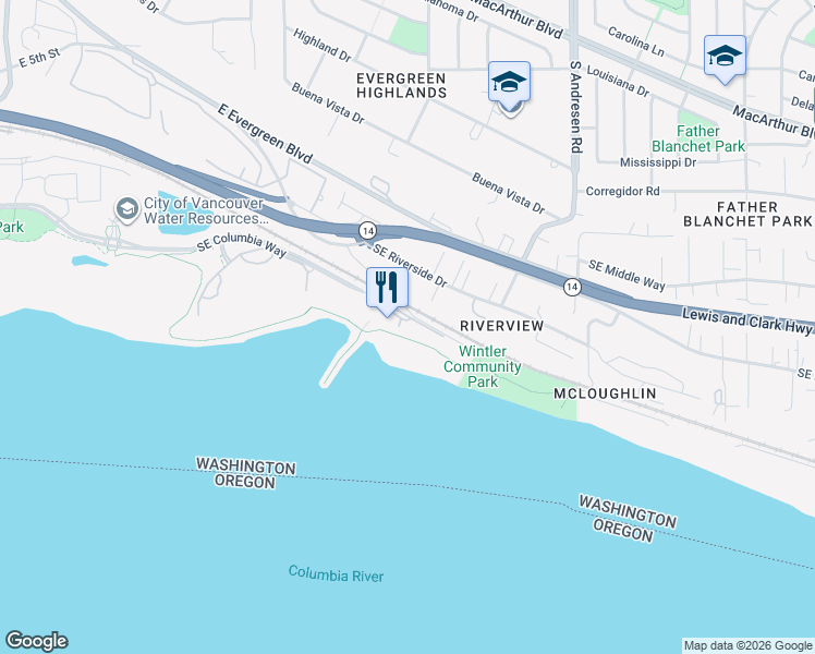 map of restaurants, bars, coffee shops, grocery stores, and more near 5841 Southeast Columbia Way in Vancouver