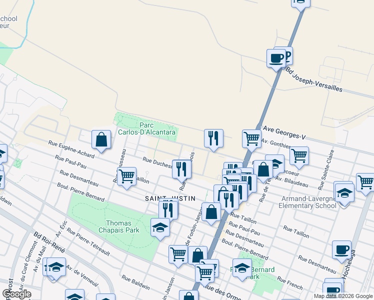 map of restaurants, bars, coffee shops, grocery stores, and more near 9500 Rue Myra-Cree in Montrã©Al