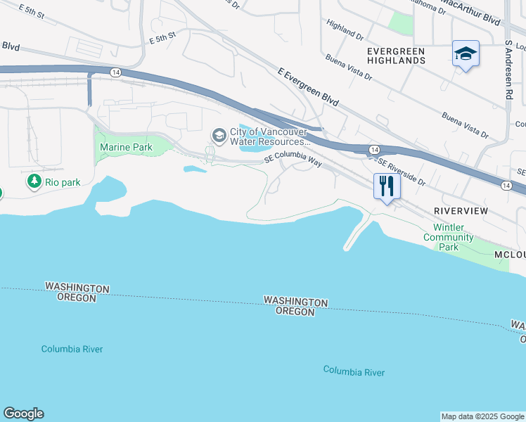 map of restaurants, bars, coffee shops, grocery stores, and more near 5401 Southeast Scenic Lane in Vancouver