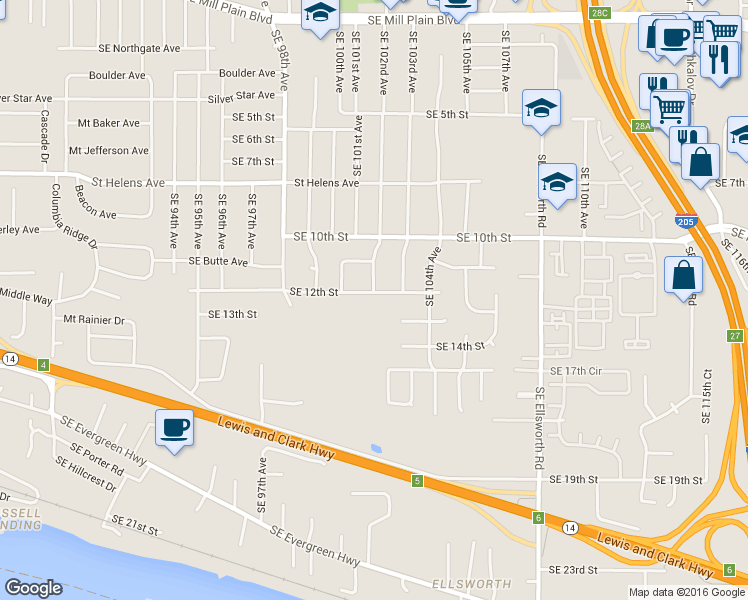 map of restaurants, bars, coffee shops, grocery stores, and more near 10300 Southeast 13th Circle in Vancouver