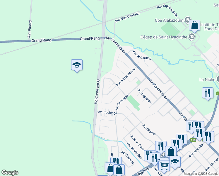 map of restaurants, bars, coffee shops, grocery stores, and more near 1955 Rue Victor-Martin in Saint-Hyacinthe