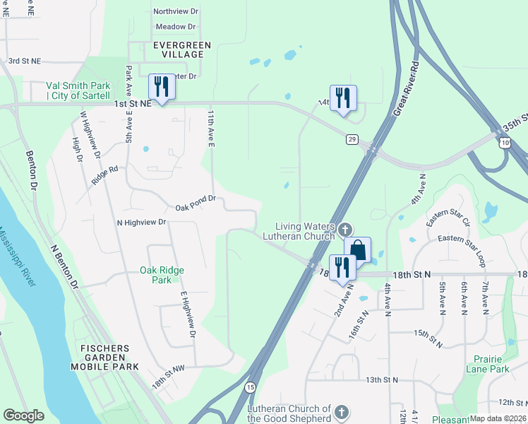 map of restaurants, bars, coffee shops, grocery stores, and more near 1804 Oak Pond Drive in Sauk Rapids