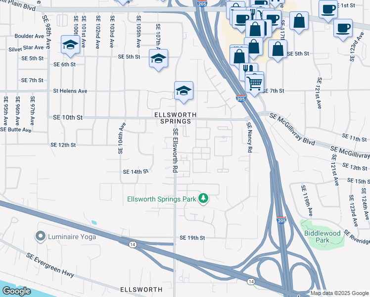 map of restaurants, bars, coffee shops, grocery stores, and more near 1221 Southeast Ellsworth Road in Vancouver